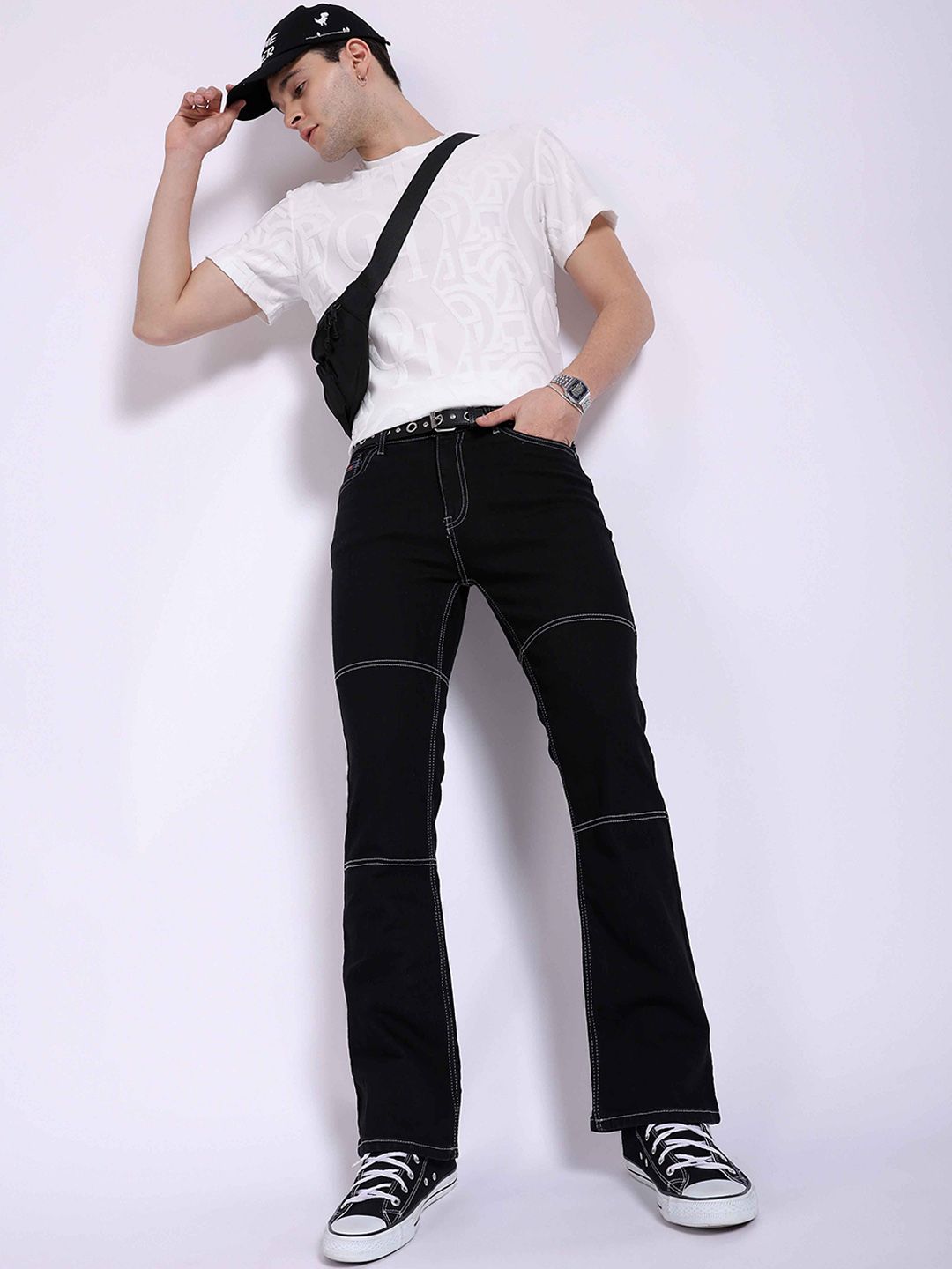 The Indian Garage Co Men Bootcut Contrast Stitch Mid Rise Cotton Jeans
