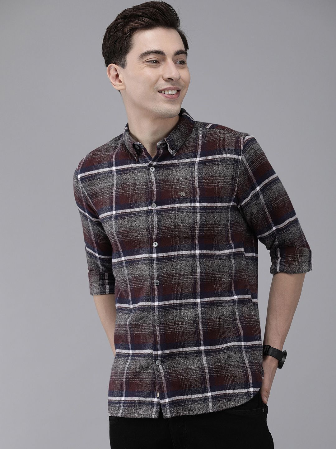 THE BEAR HOUSE Men Grey & Brown Slim Fit Tartan Checked Flannel Pure Cotton Casual Shirt
