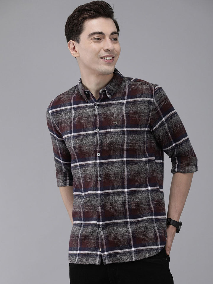 THE BEAR HOUSE Men Grey & Brown Slim Fit Tartan Checked Flannel Pure Cotton Casual Shirt