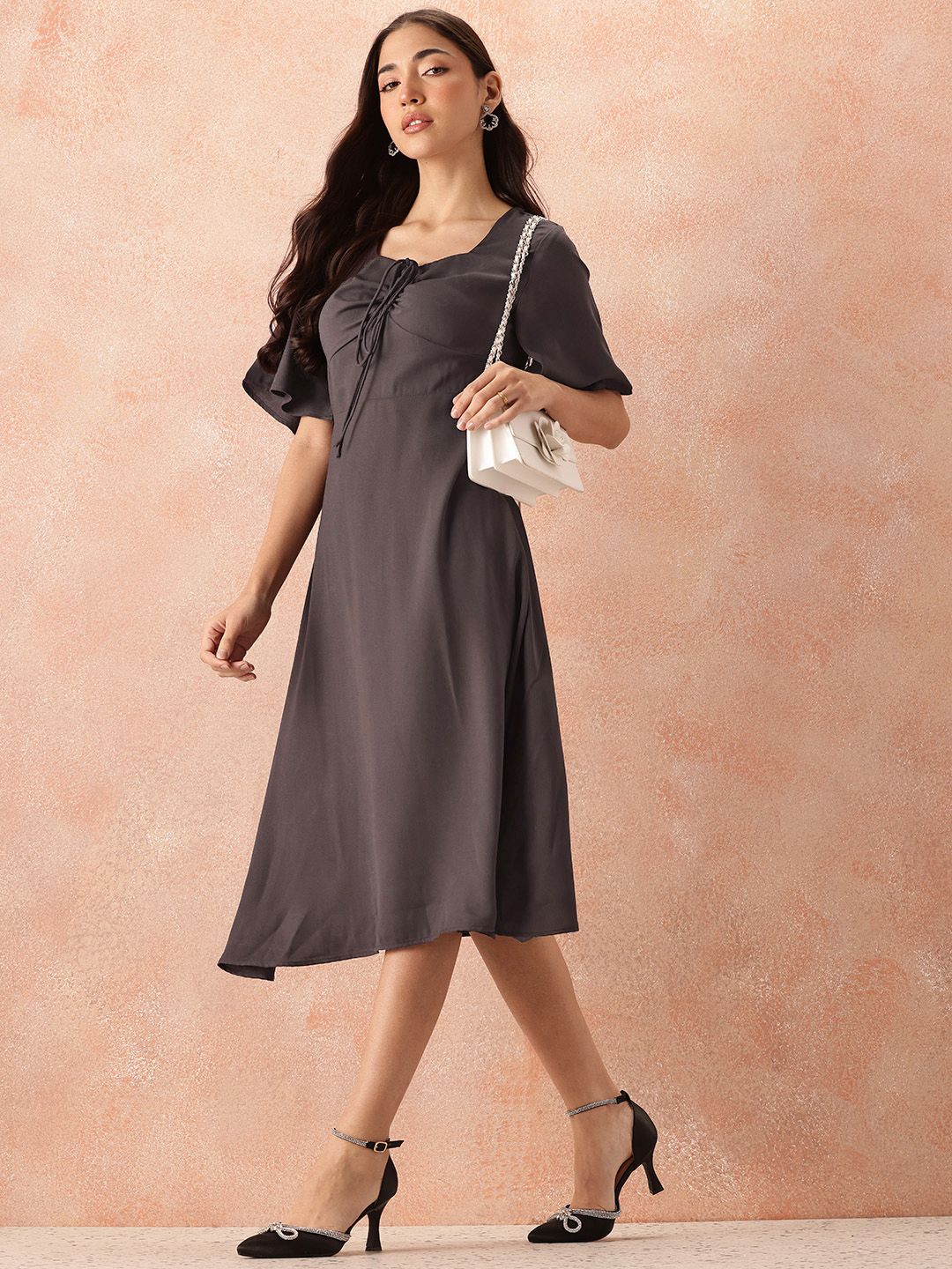 all about you Lace Up Detail Flared Sleeve A-Line Dress