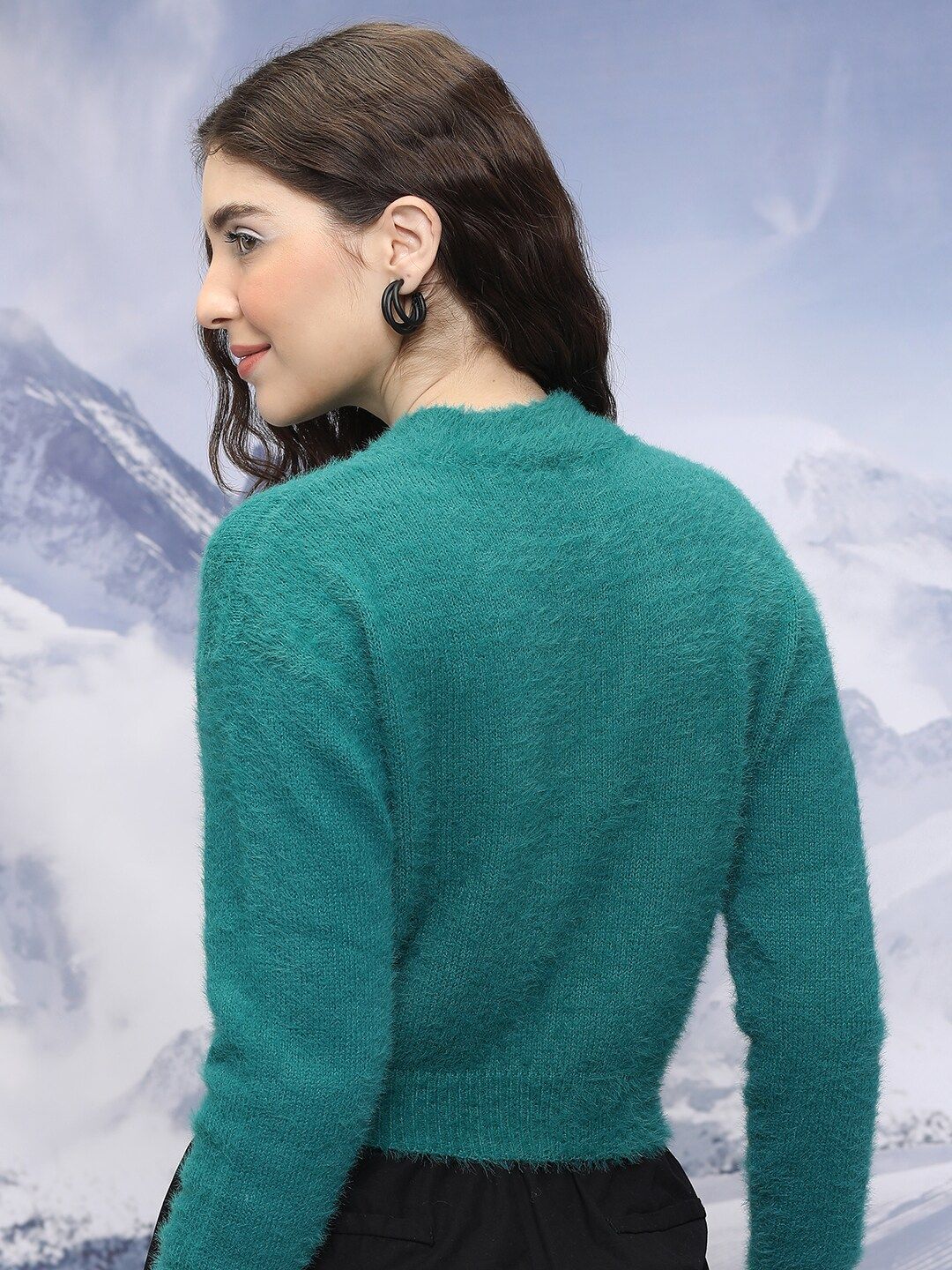 Tokyo Talkies Teal Green Turtle Neck Acrylic Crop Pullover Sweater