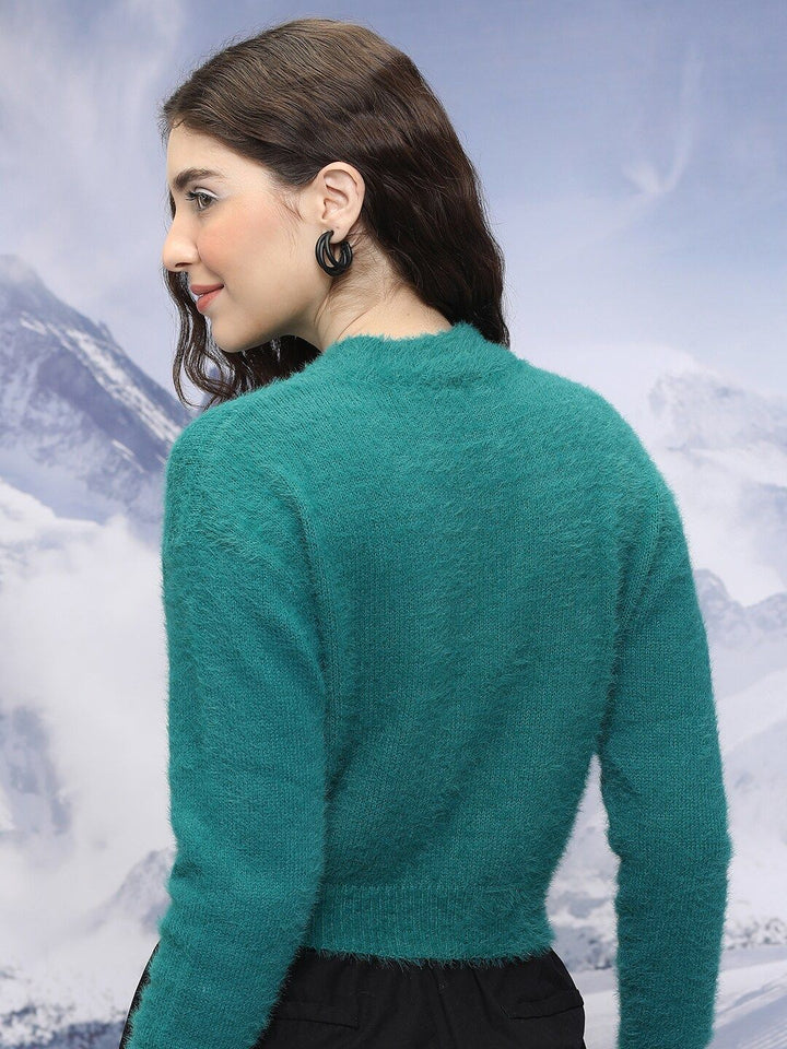 Tokyo Talkies Teal Green Turtle Neck Acrylic Crop Pullover Sweater