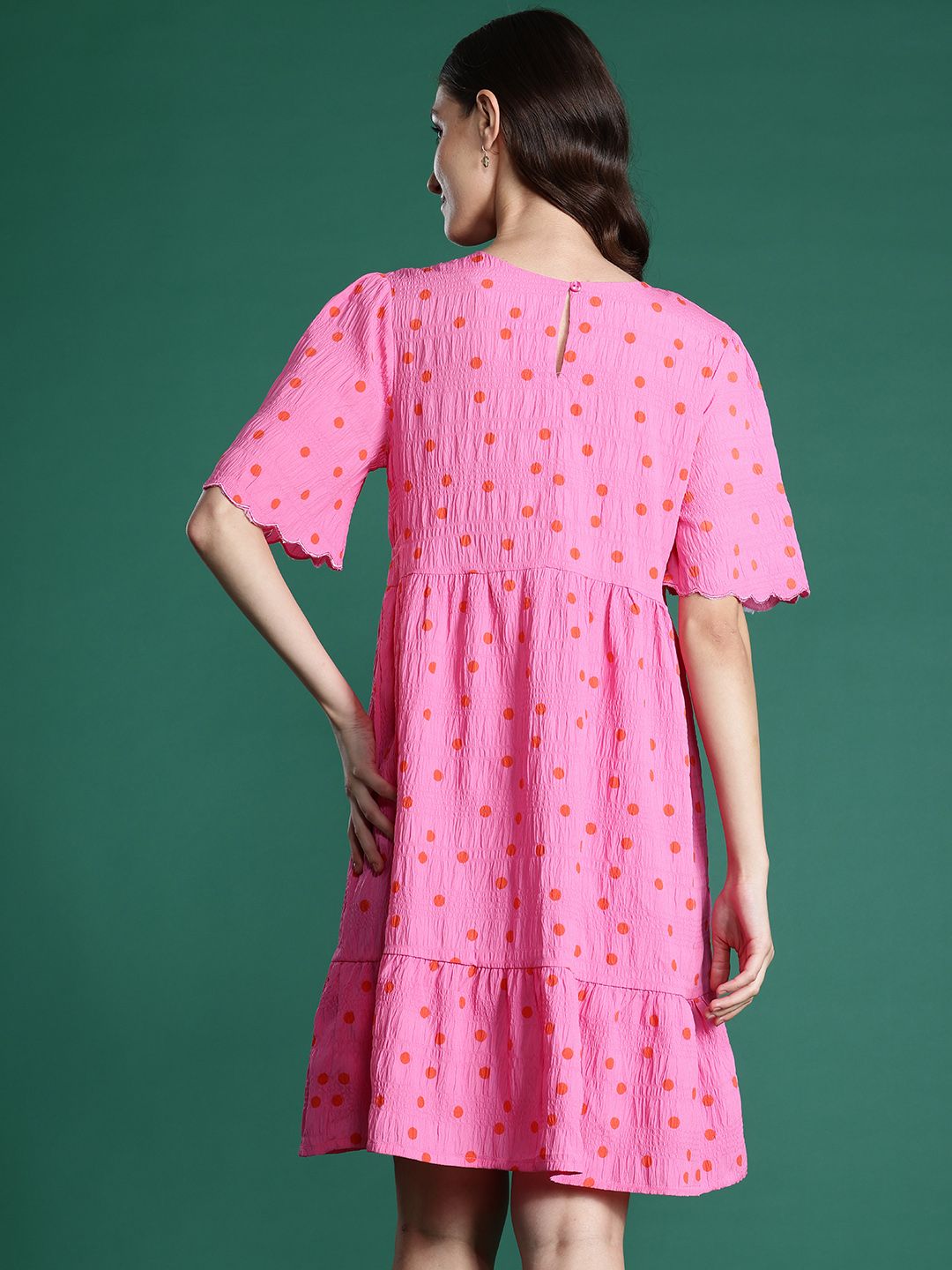 DressBerry Polka Dots Print Crinkled A-Line Dress