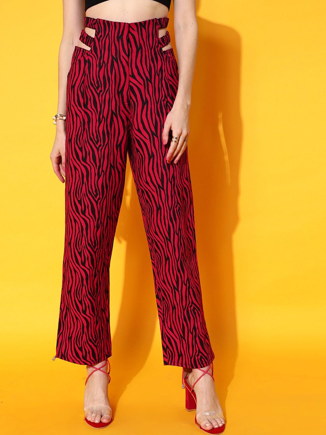 STREET 9 Women Red Abstract Printed Smart Straight Fit High-Rise Trousers