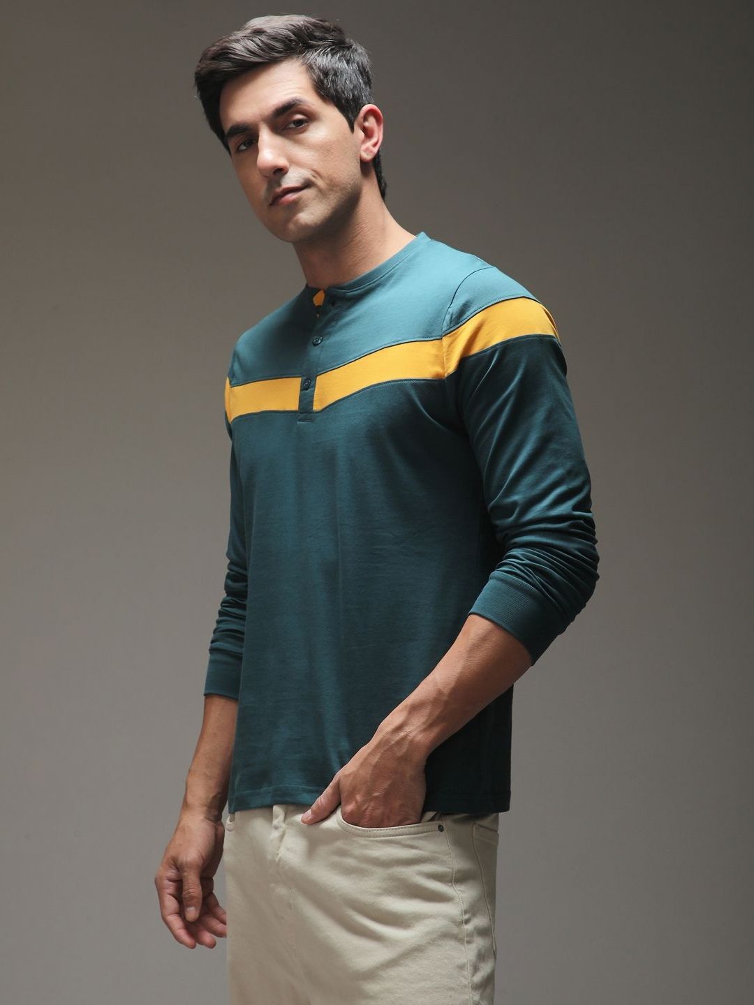 DILLINGER Men Striped Henley Neck Cotton T-shirt