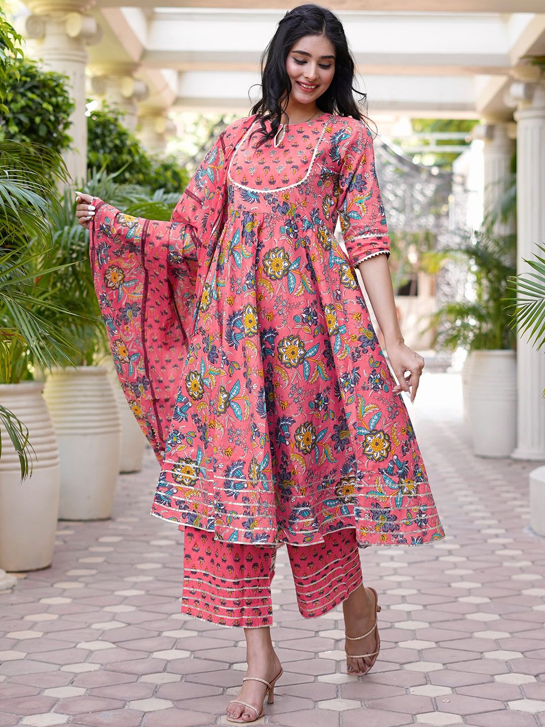 Libas Women Pink Floral Printed Panelled Pure Cotton Kurta with Palazzos & With Dupatta