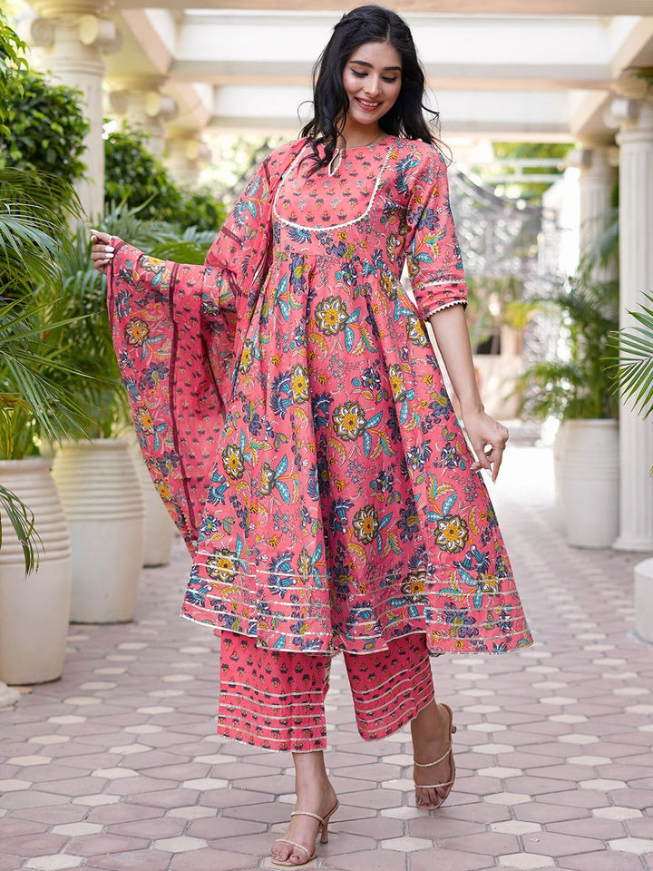 Libas Women Pink Floral Printed Panelled Pure Cotton Kurta with Palazzos & With Dupatta