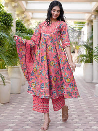 Libas Women Pink Floral Printed Panelled Pure Cotton Kurta with Palazzos & With Dupatta