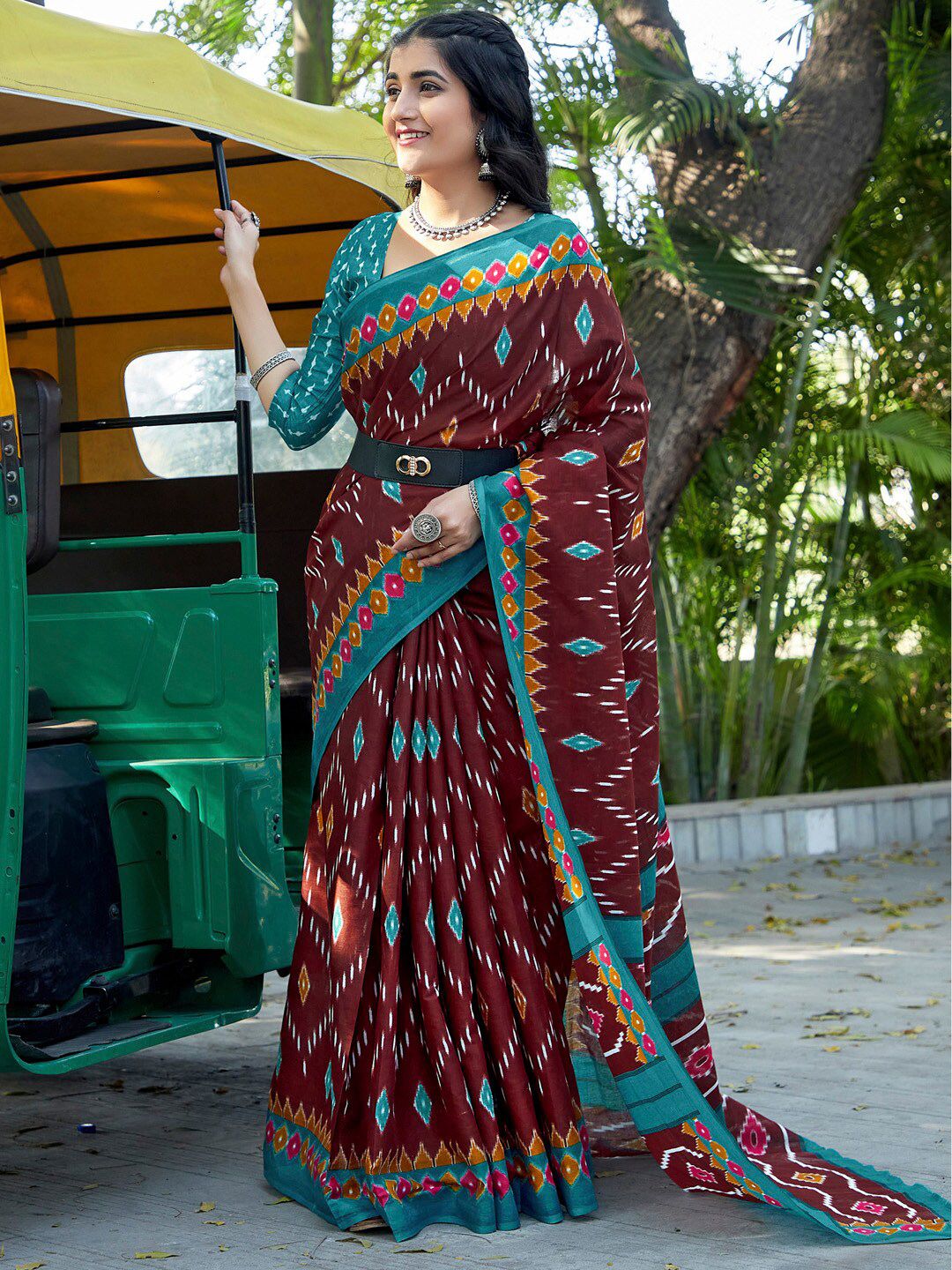 Saree mall Brown Ethnic Motifs Poly Cotton Ikat Sarees
