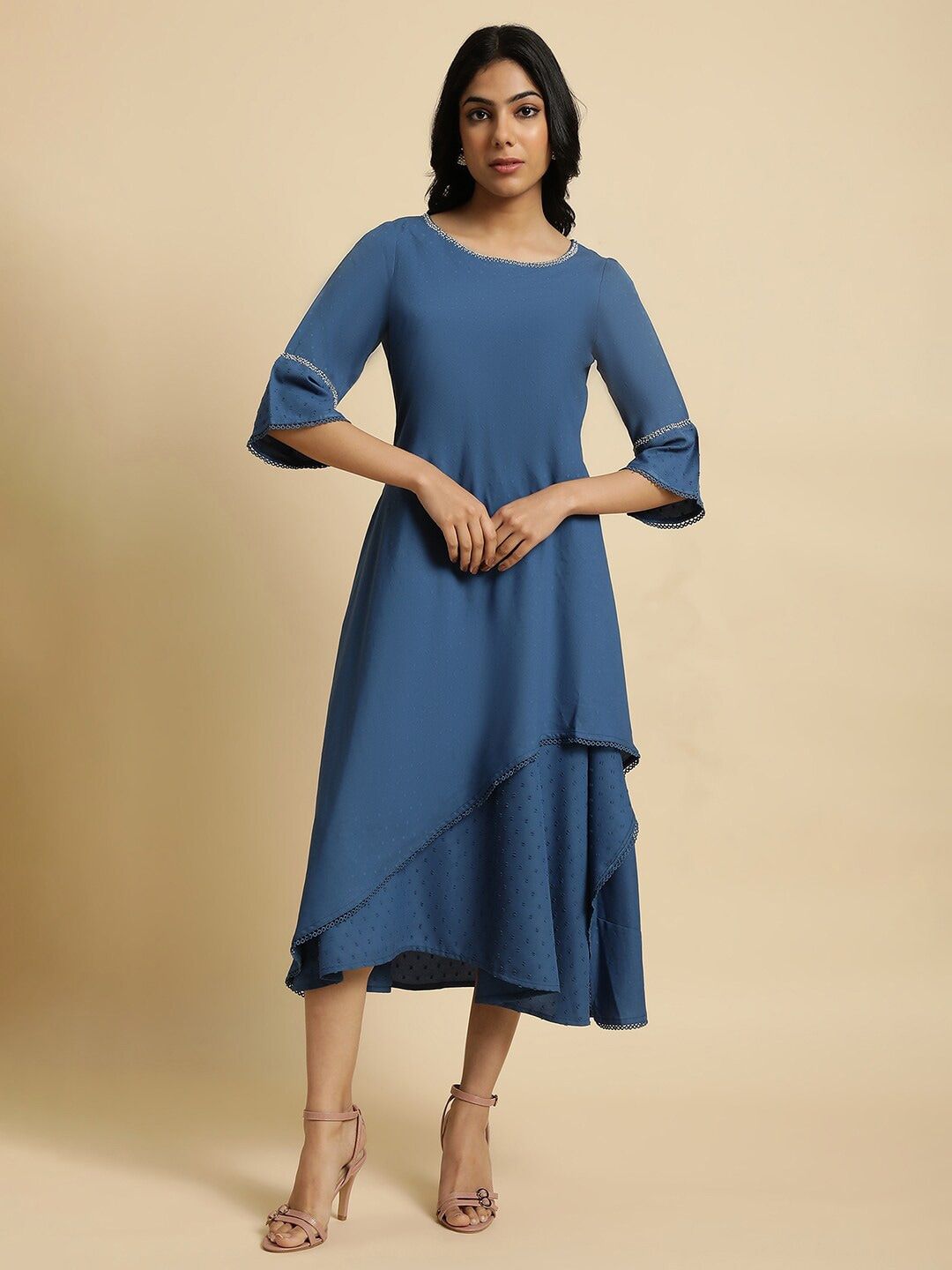 W Blue Bell Sleeves Layered  A-Line Midi Dress