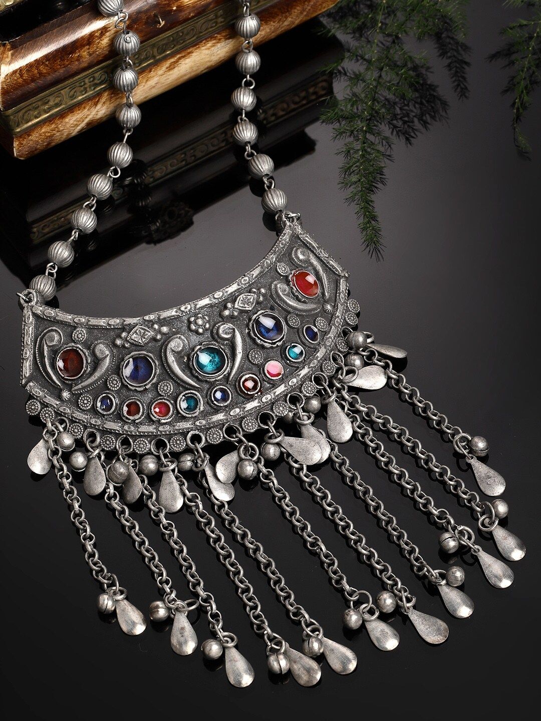 PANASH German Silver Silver-Plated Stones Studded Oxidised Necklace