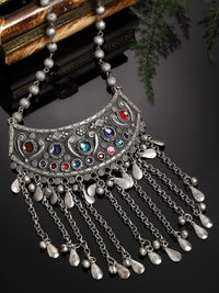 PANASH German Silver Silver-Plated Stones Studded Oxidised Necklace