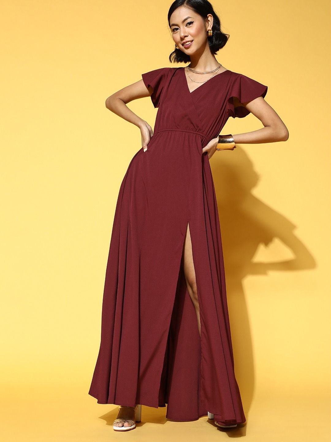 Berrylush Maroon Crepe Maxi Dress