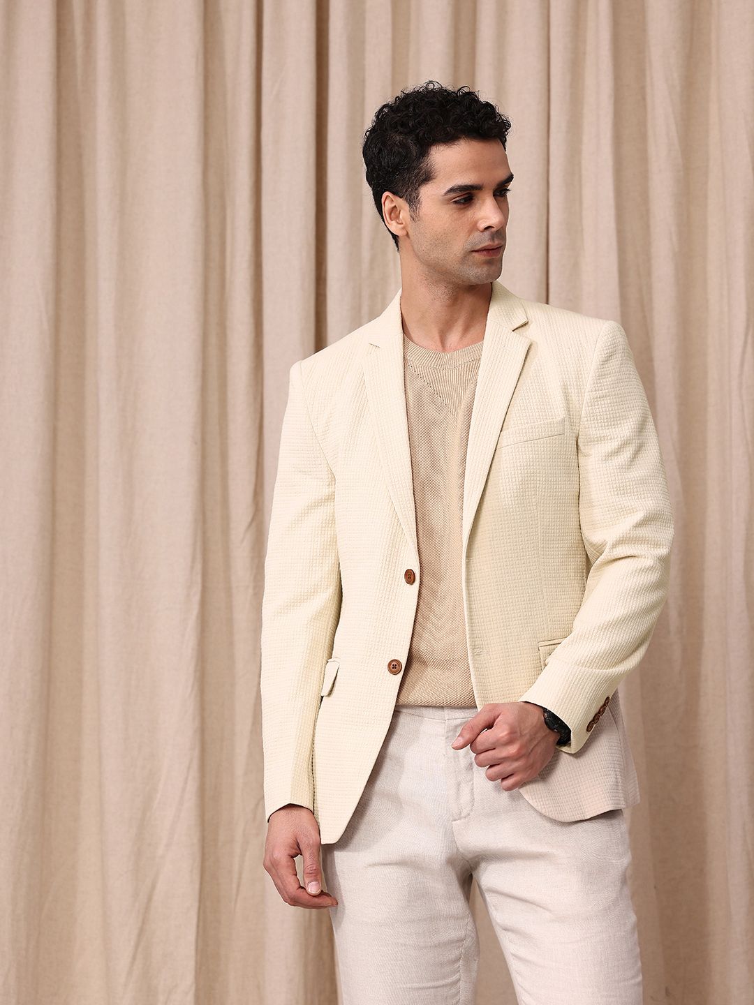 Mr.Bowerbird Self Design Textured Tailored Fit Single Breasted Casual Blazer