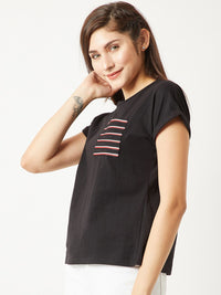 Miss Chase Women Black Solid Round Neck T-shirt