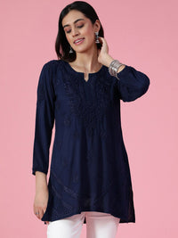 House of Chikankari Women Navy Blue Rayon Chikankari Sulam Kurti