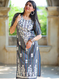 KALINI Women Stripted Chikankari Embroidered Straight Kurti