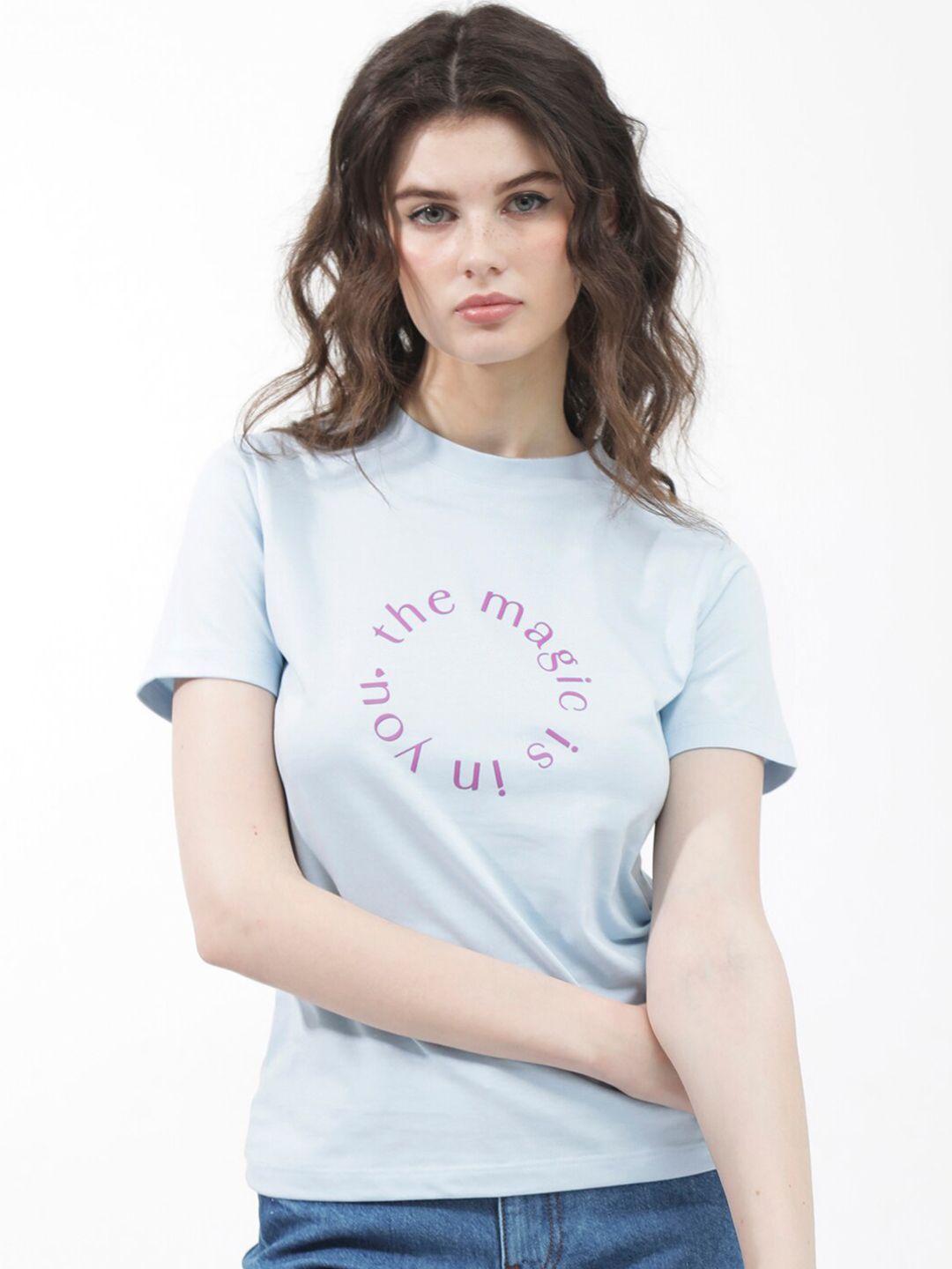 RAREISM Round Neck Short Sleeves Printed Cotton T-shirt