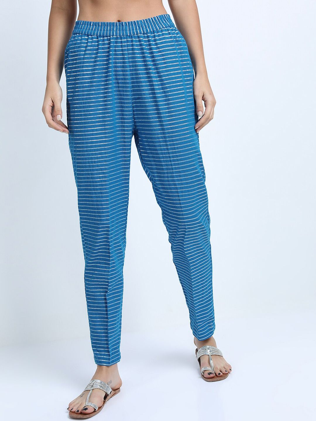 Vishudh Women Blue Striped Thread Work Pure Cotton Kurta with Trousers