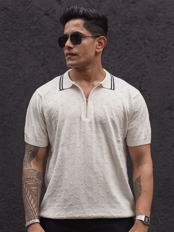 Powerlook Men Self Design Polo Collar Pure Cotton T-Shirt