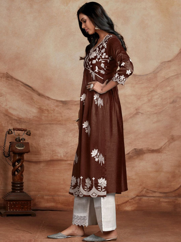 KALINI Floral Embroidered V Neck A Line Chikankari Kurta