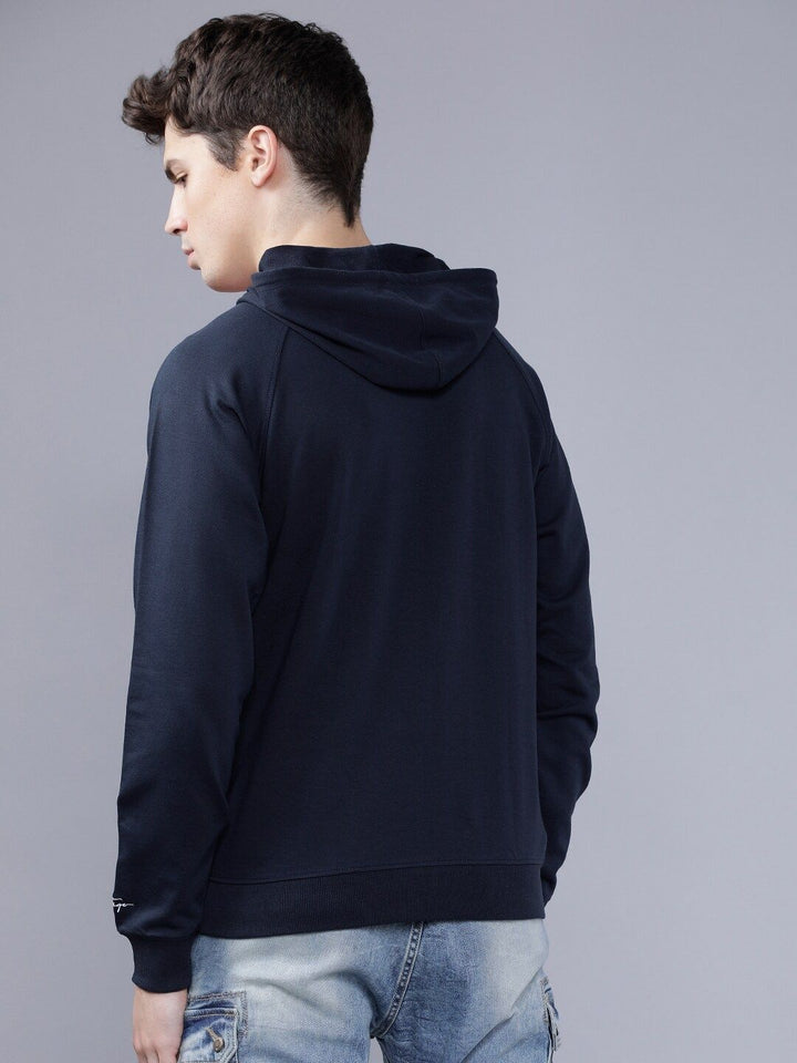 The Indian Garage Co Men Navy Blue & White Colourblocked Hooded Sweatshirt
