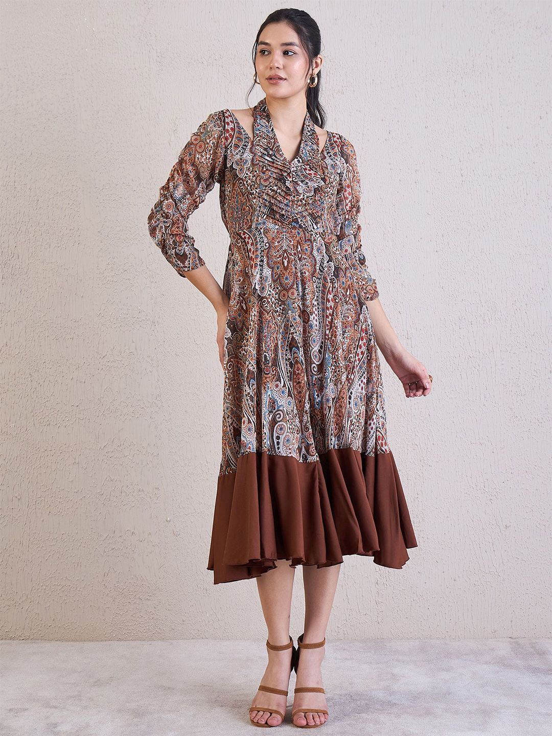 Antheaa Ethnic Motifs Printed Chiffon Fit & Flare Midi Dress
