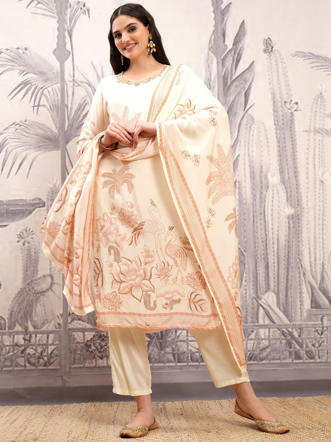 Vishudh Peach V-Neck Ethnic Motifs Printed Regular Straight Kurta Set