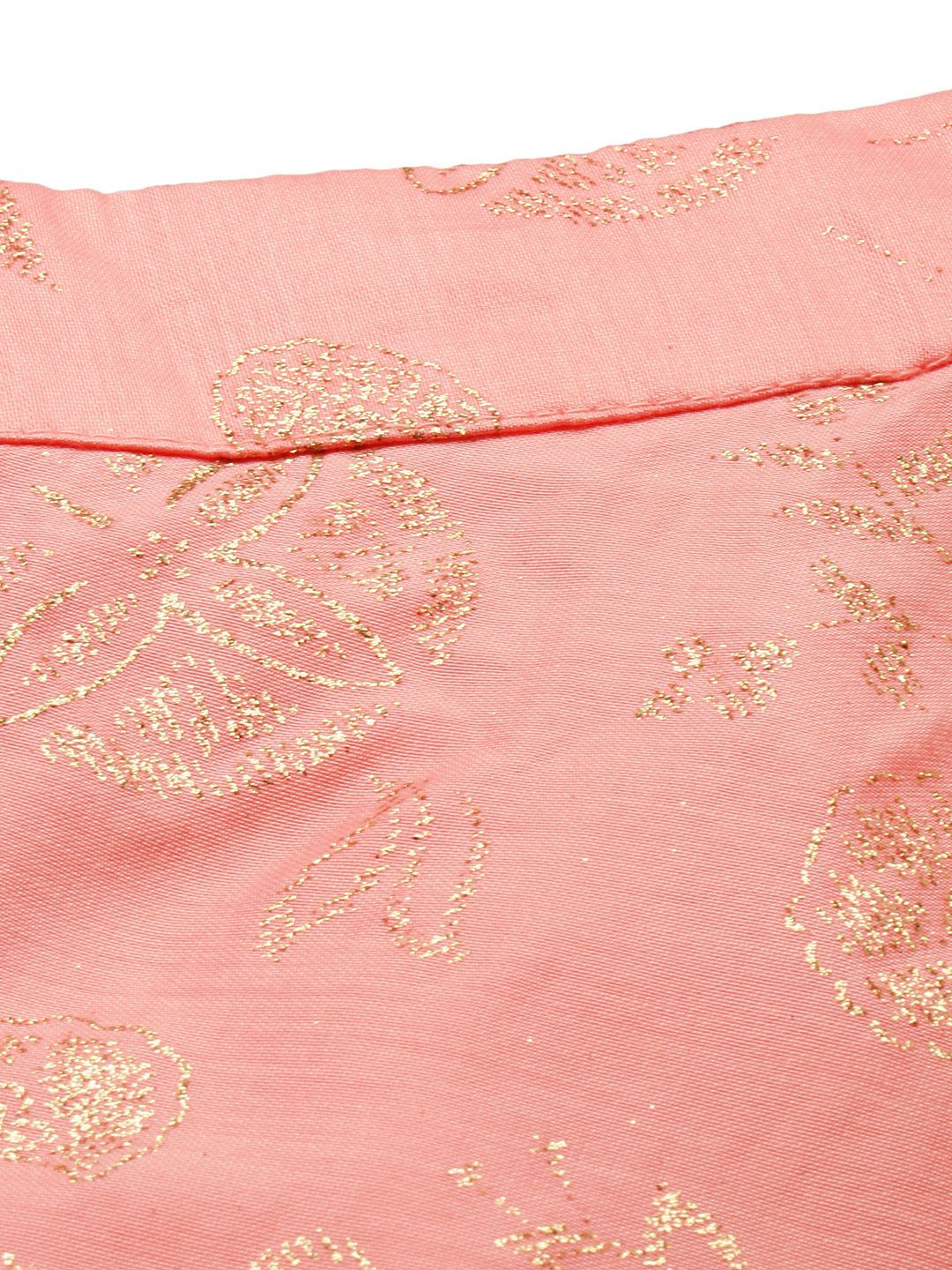 Global Desi Women Peach Pink & Gold-toned Embellished Paneled Flared Maxi Skirt