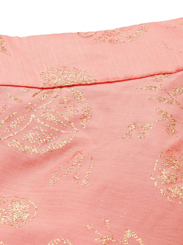 Global Desi Women Peach Pink & Gold-toned Embellished Paneled Flared Maxi Skirt