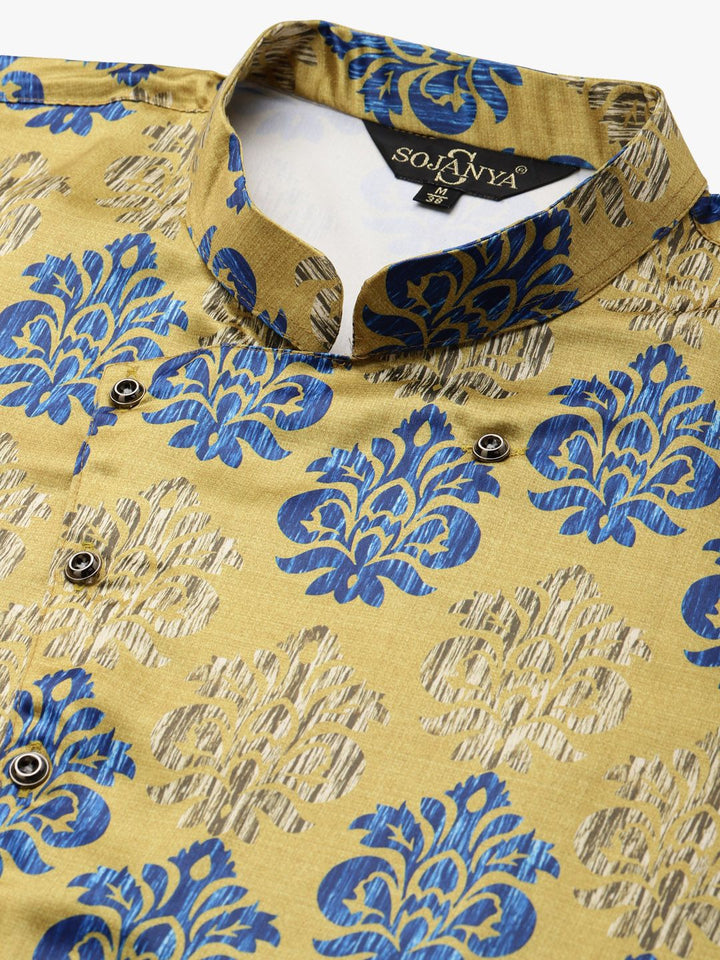 SOJANYA Men Blue & Green Solid Kurta with Churidar & Jacket
