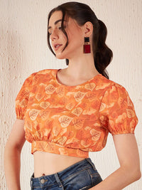 DENNISON Floral Printed Puff Sleeves Blouson Crop Top