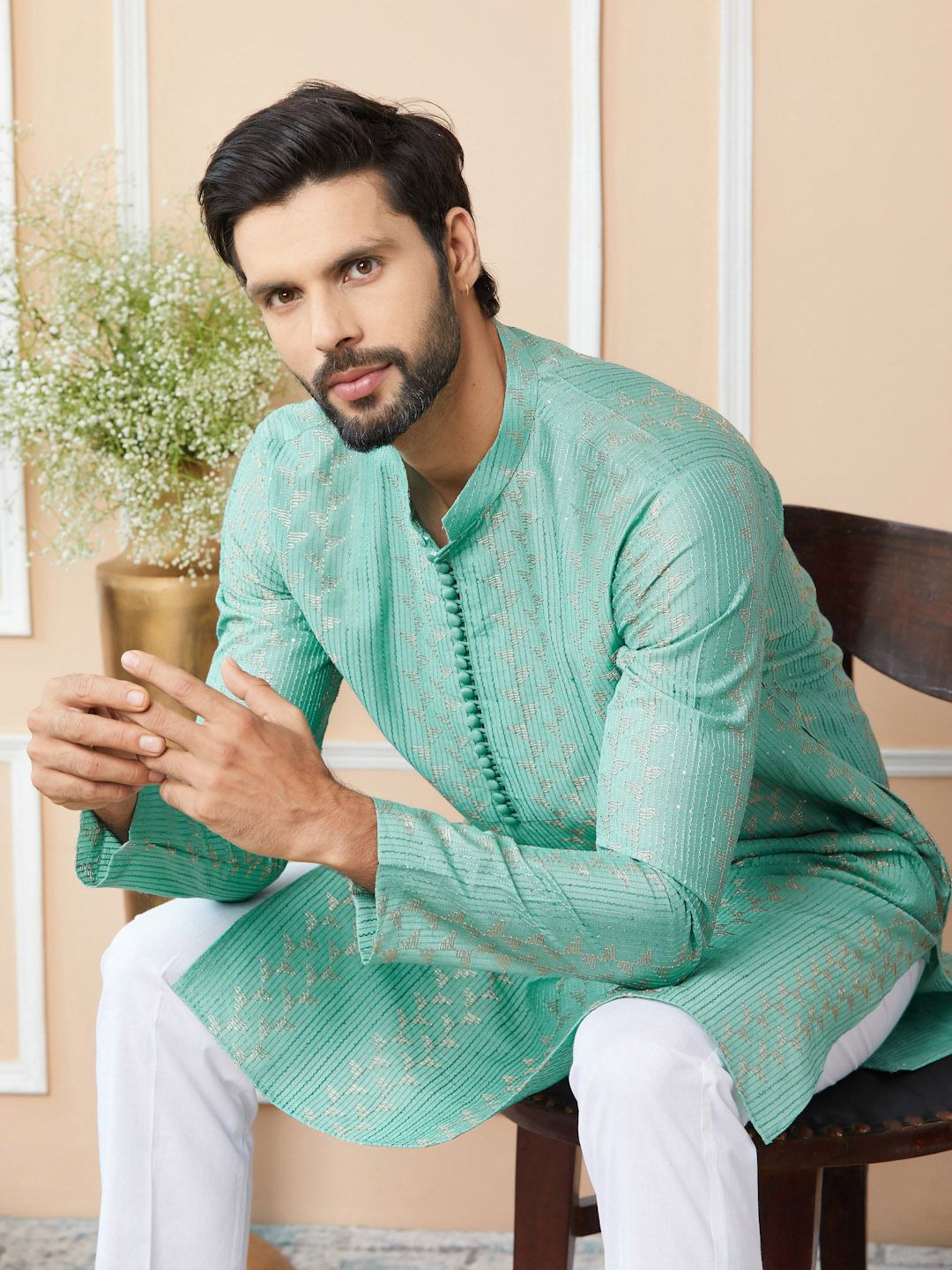 See Designs Embroidered Regular Sequinned Chanderi Silk Kurta with Pyjamas