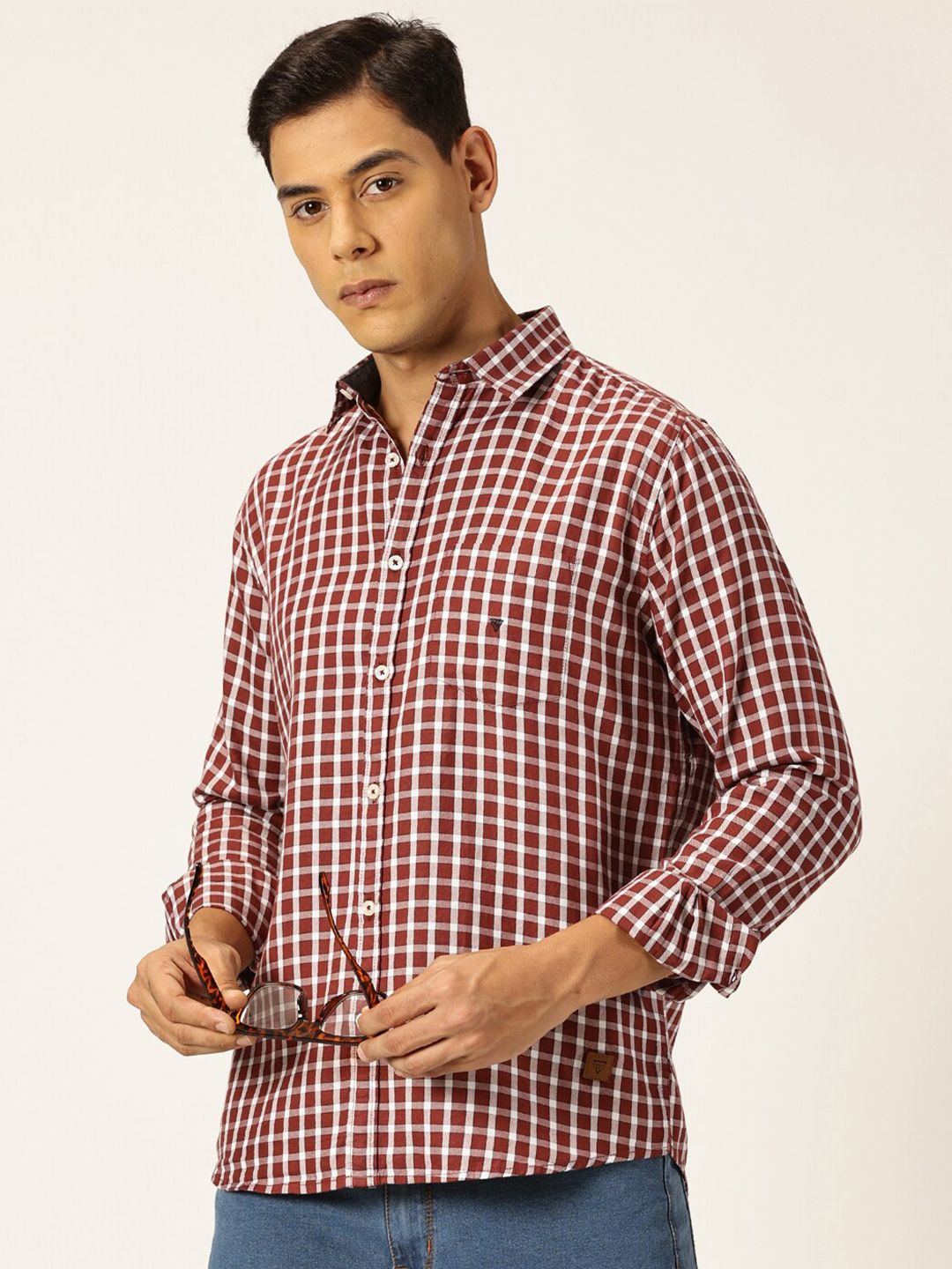 Thomas Scott Men Premium Slim Fit Gingham Checked Spread Collar Casual Shirt