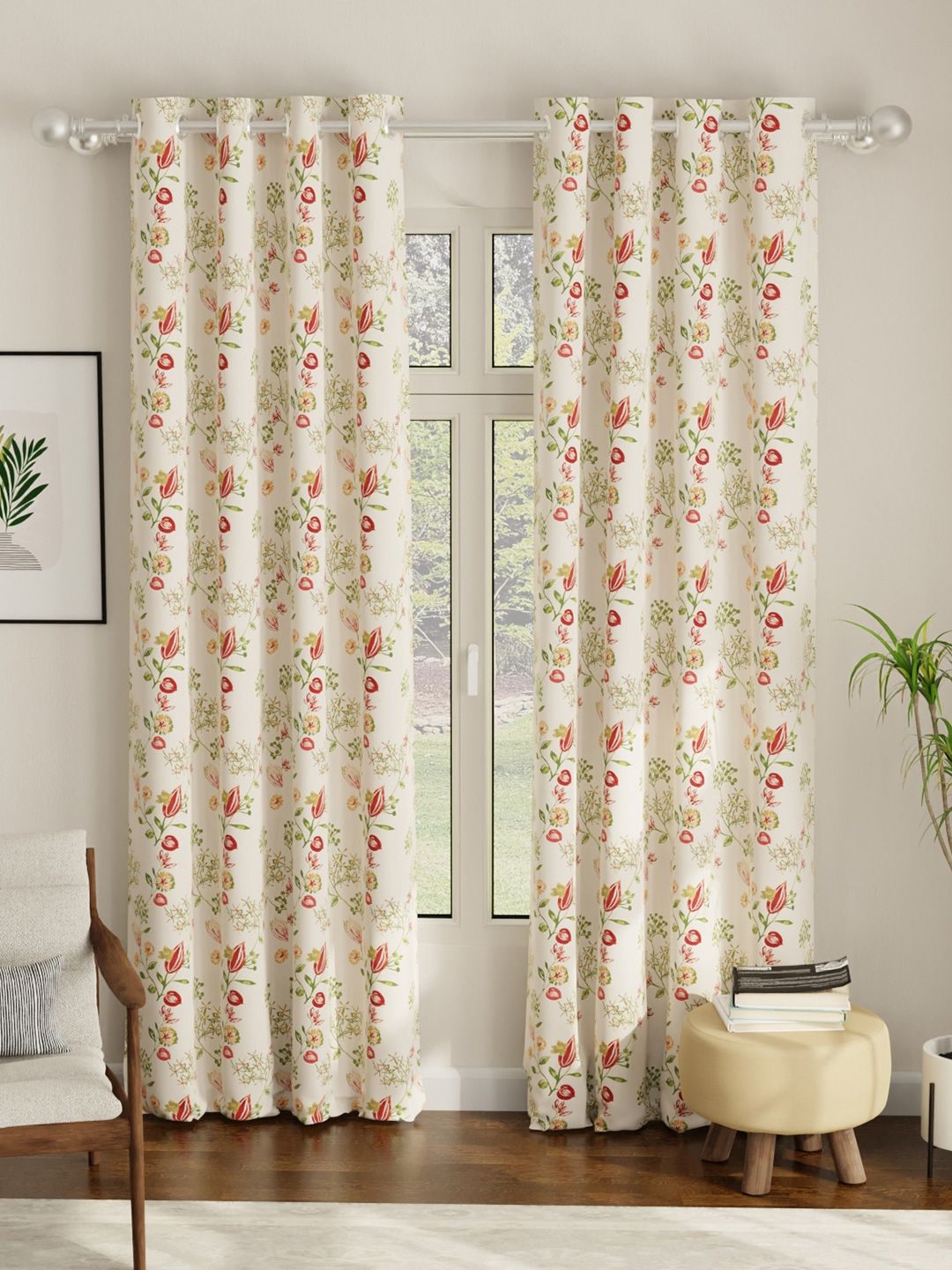 URBAN SPACE Pack of 2 White & Red Floral Printed Room Darkening Long Door Curtain