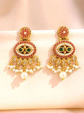Gold-Toned Multi-Coloured Kundan Beaded Pearl Drop Earrings