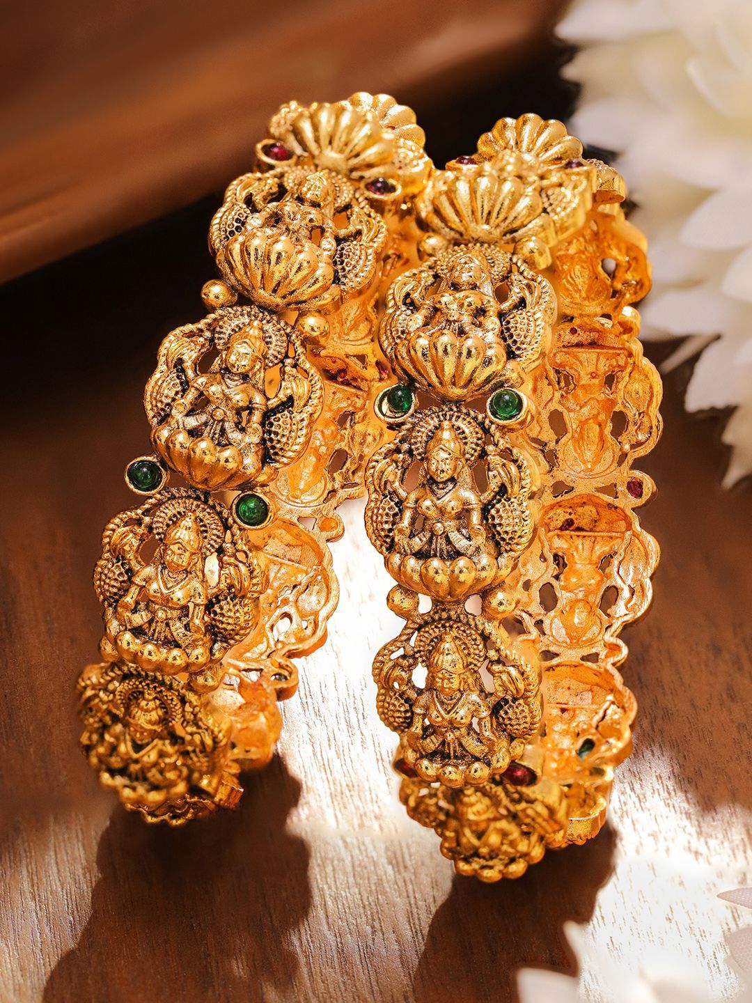 Rubans Set of 2 24K Gold-Plated Divine Lakshmi Temple Bangles with Ruby & Emerald Stones
