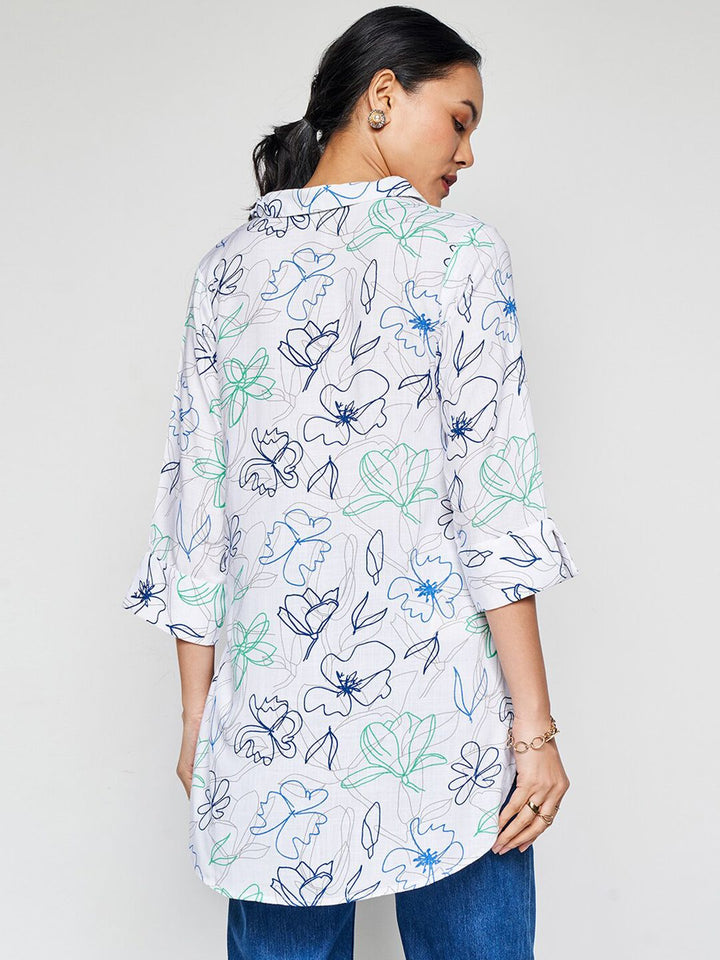 AND Print Mandarin Collar Roll-Up Sleeves Shirt Style Top
