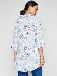 AND Print Mandarin Collar Roll-Up Sleeves Shirt Style Top