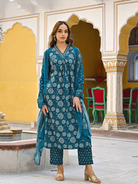 KALINI Floral Printed Pleated Kurta with Trouser & Dupatta