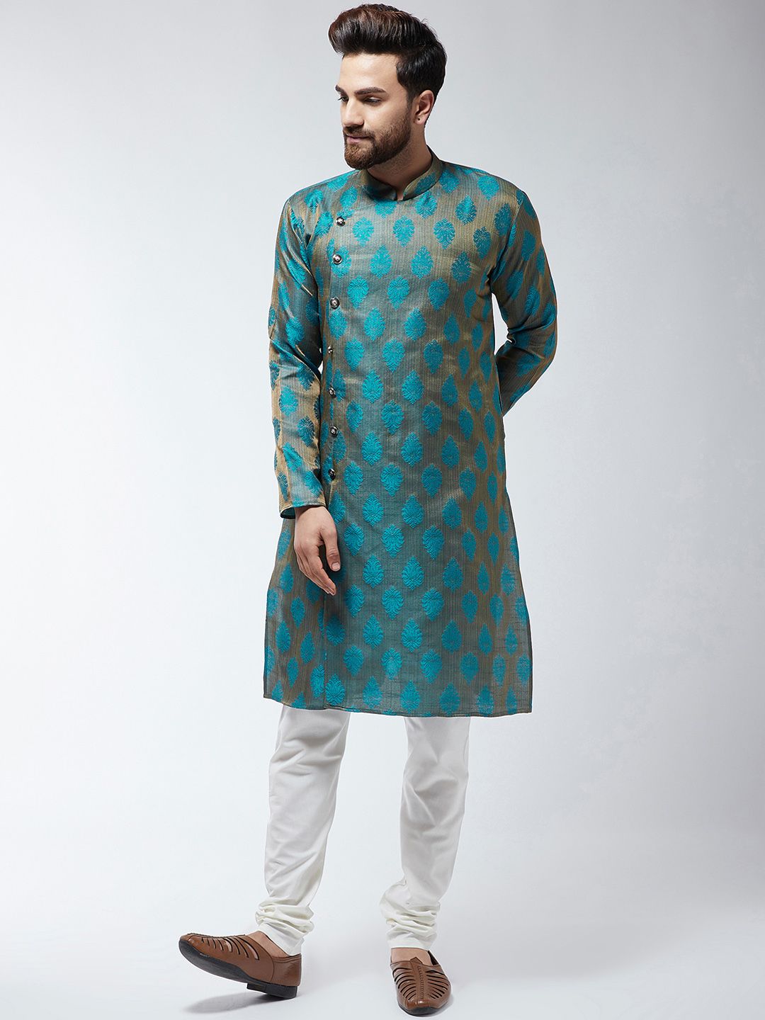 SOJANYA Men Teal & Beige Sulam Kurta Lurus