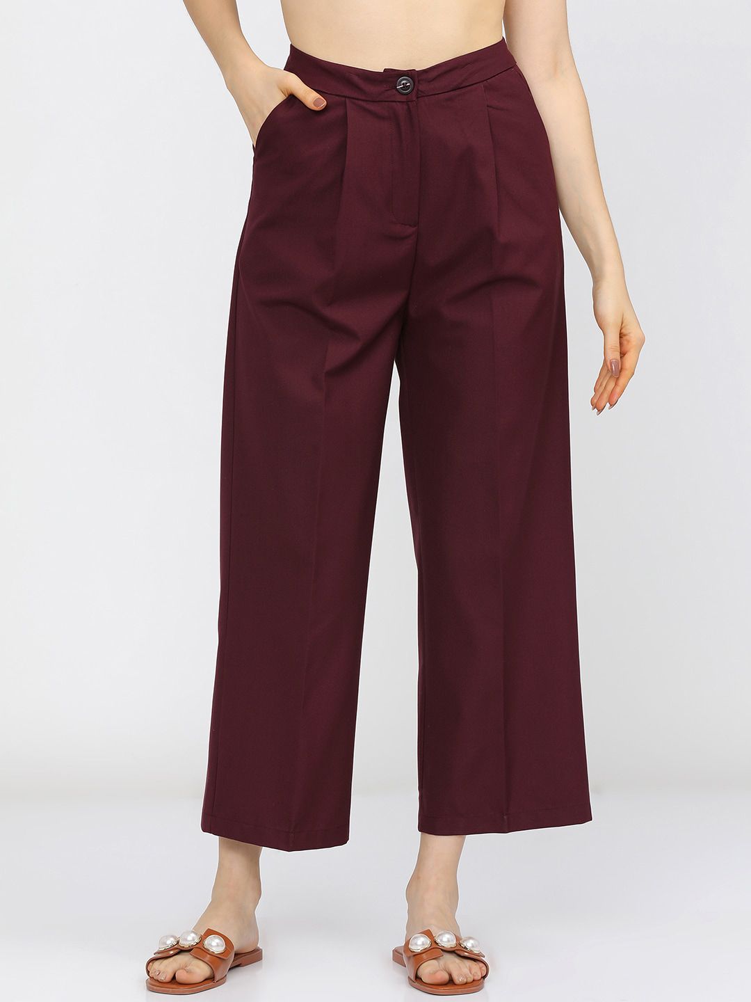 Tokyo Talkies Women Burgundy Flared Pleated Parallel Trousers