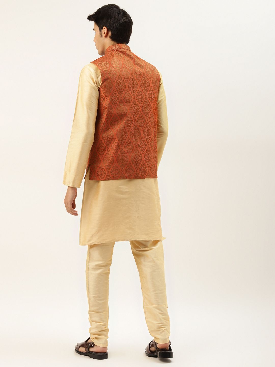 SOJANYA Men Golden Kurta with Churidar & Nehru Jacket