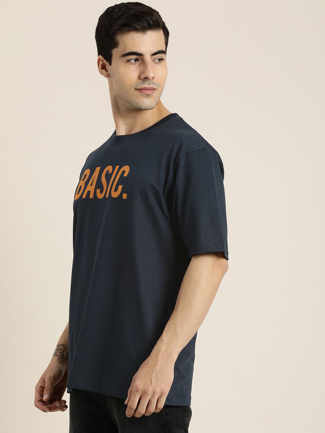 DILLINGER Men Navy Blue Typography Printed Pure Cotton Loose Oversized T-shirt