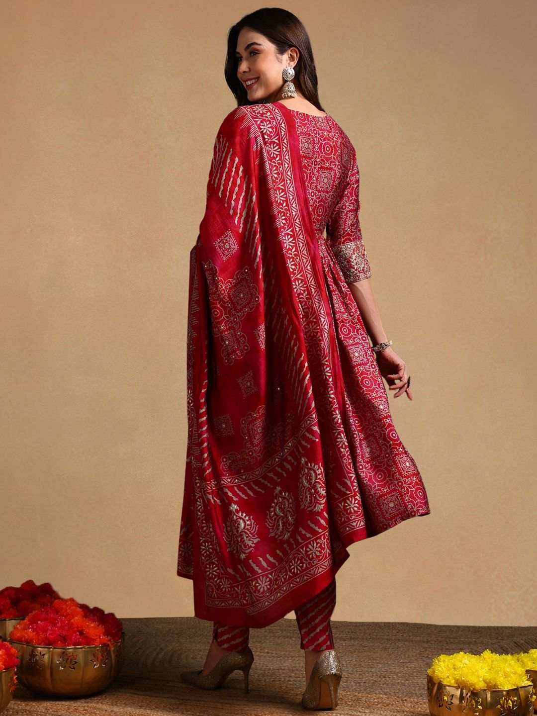 KALINI Ethnic Motifs Printed Zari Empire Anarkali Kurta with Trousers & With Dupatta