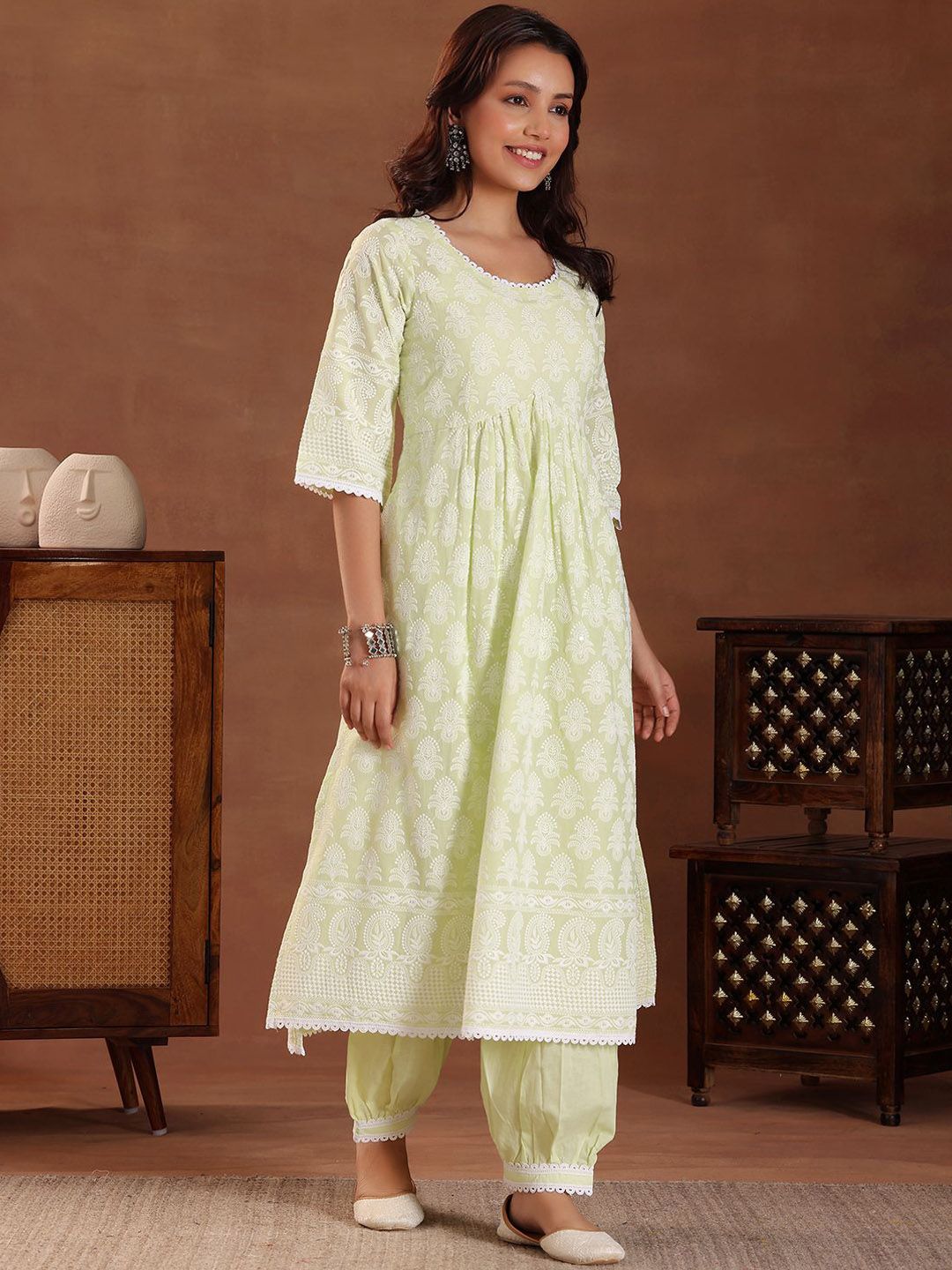 Libas Floral Embroidered Thread Work Pure Cotton A-Line Kurta Set
