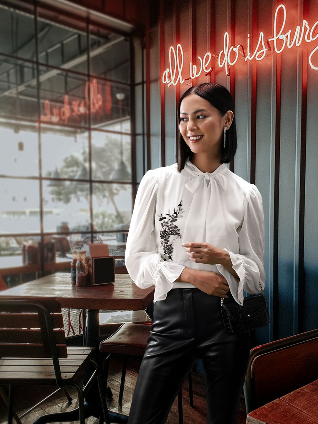 AND Embellished Tie-Up Neck Puff Sleeves Top