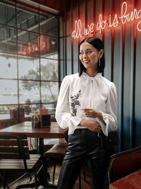 AND Embellished Tie-Up Neck Puff Sleeves Top