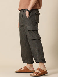 Mr Bowerbird Men Chevron Self Design Tweed Pleated Cargos Trousers