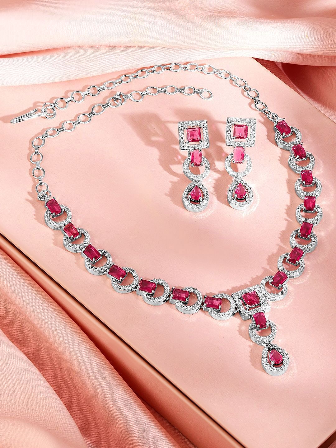 Rubans Rhodium-Plated Ruby Pink AD & Cubic Zirconia Studded Classic Necklace Set